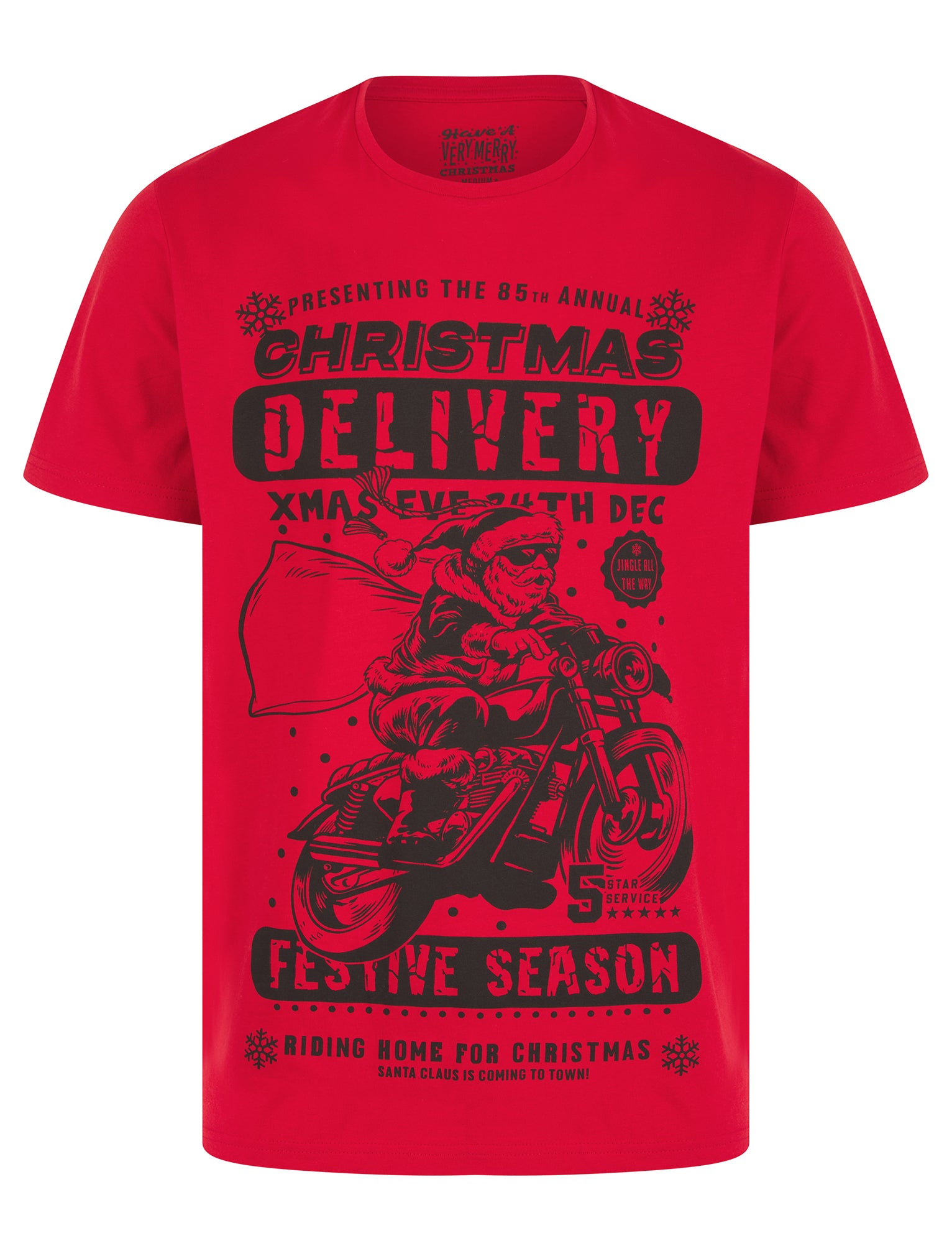 T-Shirts Men's Christmas Delivery Motif Novelty Cotton Christmas T-Shirt in Barados Cherry - Merry Christmas / S - Tokyo Laundry